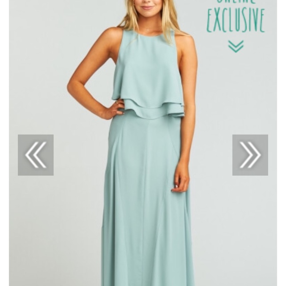 Show Me Your Mumu silver sage bridesmaid’s dress.